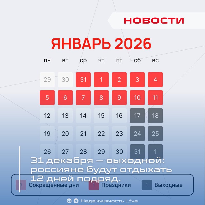 Россияне получат 12-дневные новогодние каникулы в 2026 году