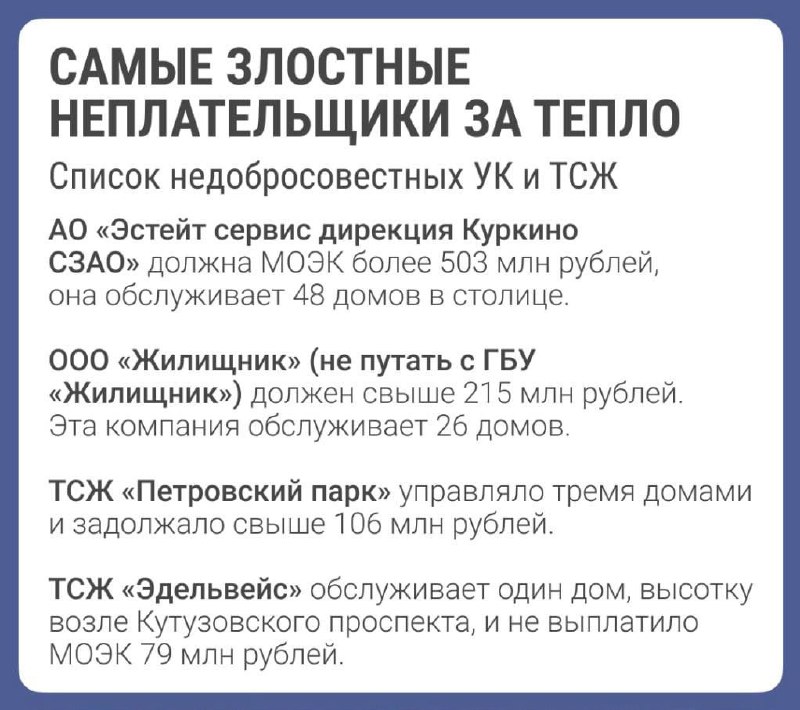 Мэрия обнародовала список недобросовестных поставщиков тепла
