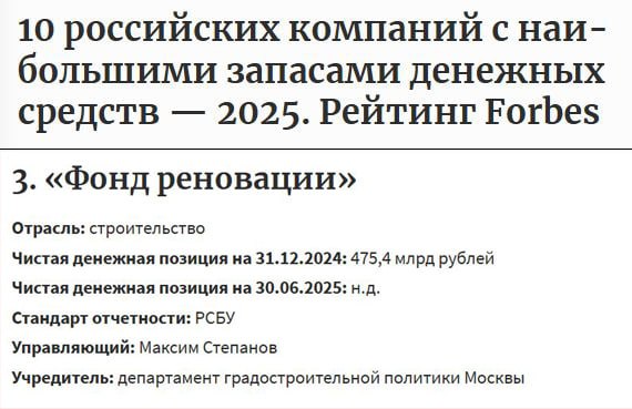 Фонд реновации занимает третье место среди российских компаний по запасам денежных средств