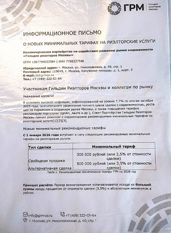 Повышение тарифов на услуги риелторов Москвы с 2026 года