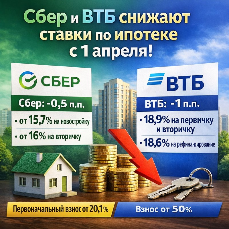 Сбербанк и ВТБ снижают ставки по рыночной ипотеке с 1 апреля