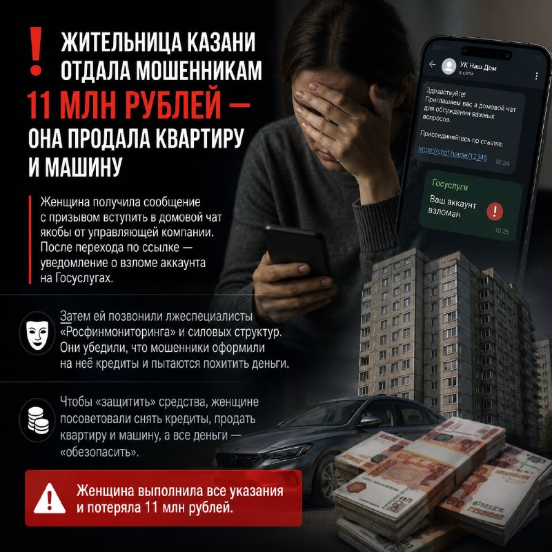 Жительница Казани лишилась 11 млн рублей после схемы с «домовым чатом» и кредитами