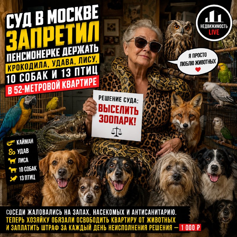 Суд запретил пенсионерке держать крокодила, удава и других животных в квартире