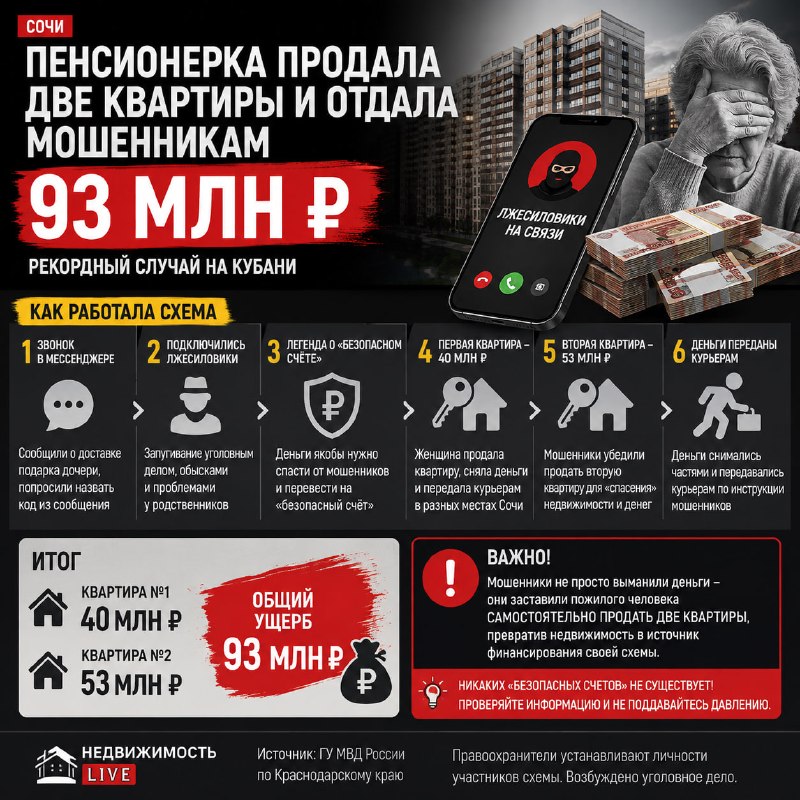 Пенсионерка из Сочи лишилась двух квартир на 93 млн рублей из‑за схемы «лжесиловиков»