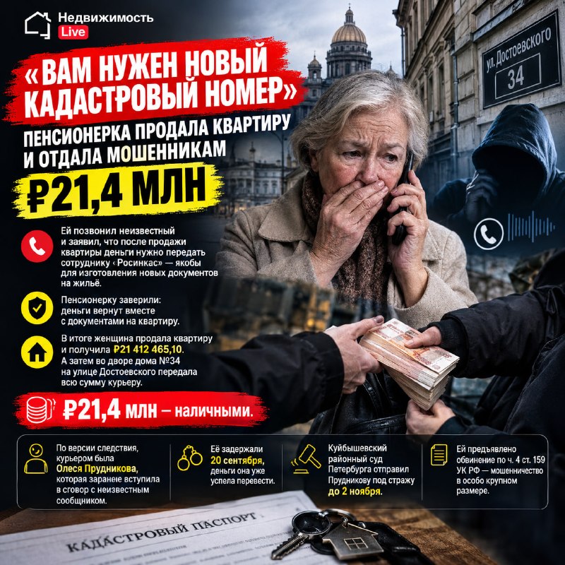 Пенсионерке в Петербурге навязали сделку и похитили 21,4 млн рублей под видом «нового кадастрового номера»