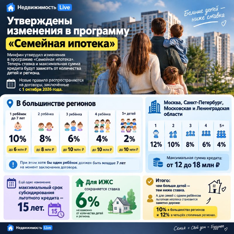 Изменения в программе «Семейная ипотека»: ставки и лимиты по числу детей и региону