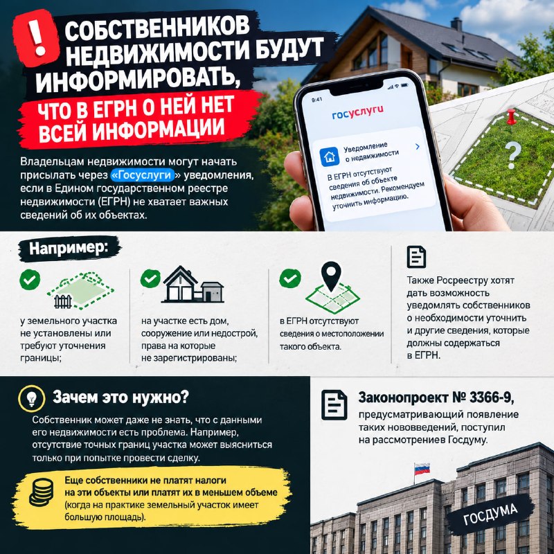 Собственников недвижимости будут уведомлять, если в ЕГРН не хватает данных