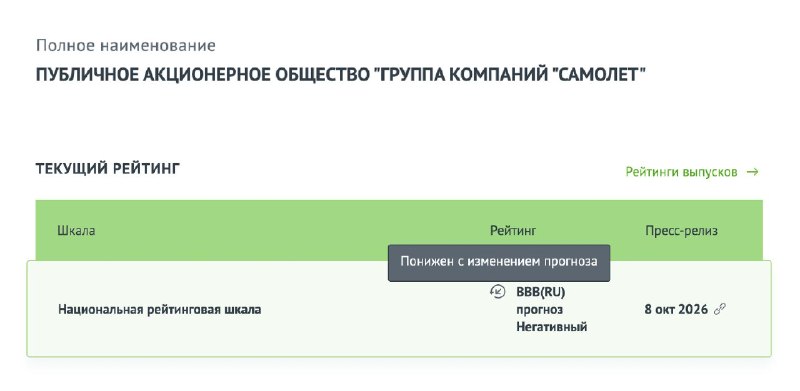 АКРА понизило рейтинг «Самолета» до BBB(RU) с негативным прогнозом