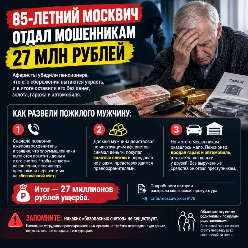 Мошенники выманили у 85-летнего москвича 27 млн рублей